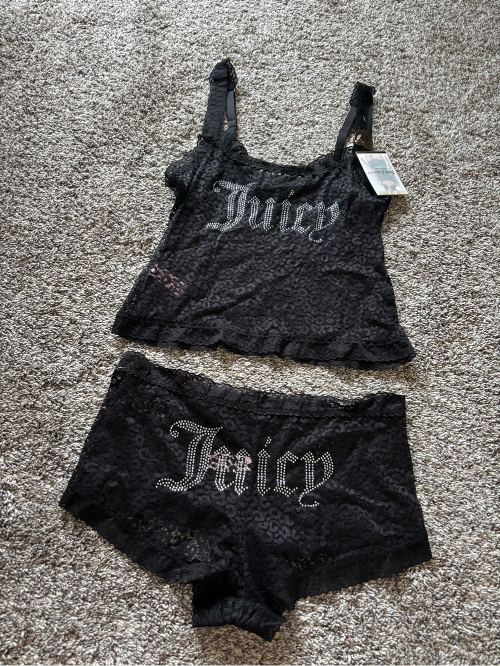 Juicy Couture Black Lace Rhinestone Cami & Shorts Set Sz medium